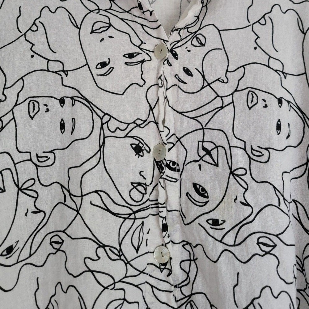 Transparente Linen Abstract Face Print Oversized Button Up Shirt Tunic Medium